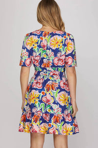 She + Sky - Short Sleeve V-Neck Floral Print Dress