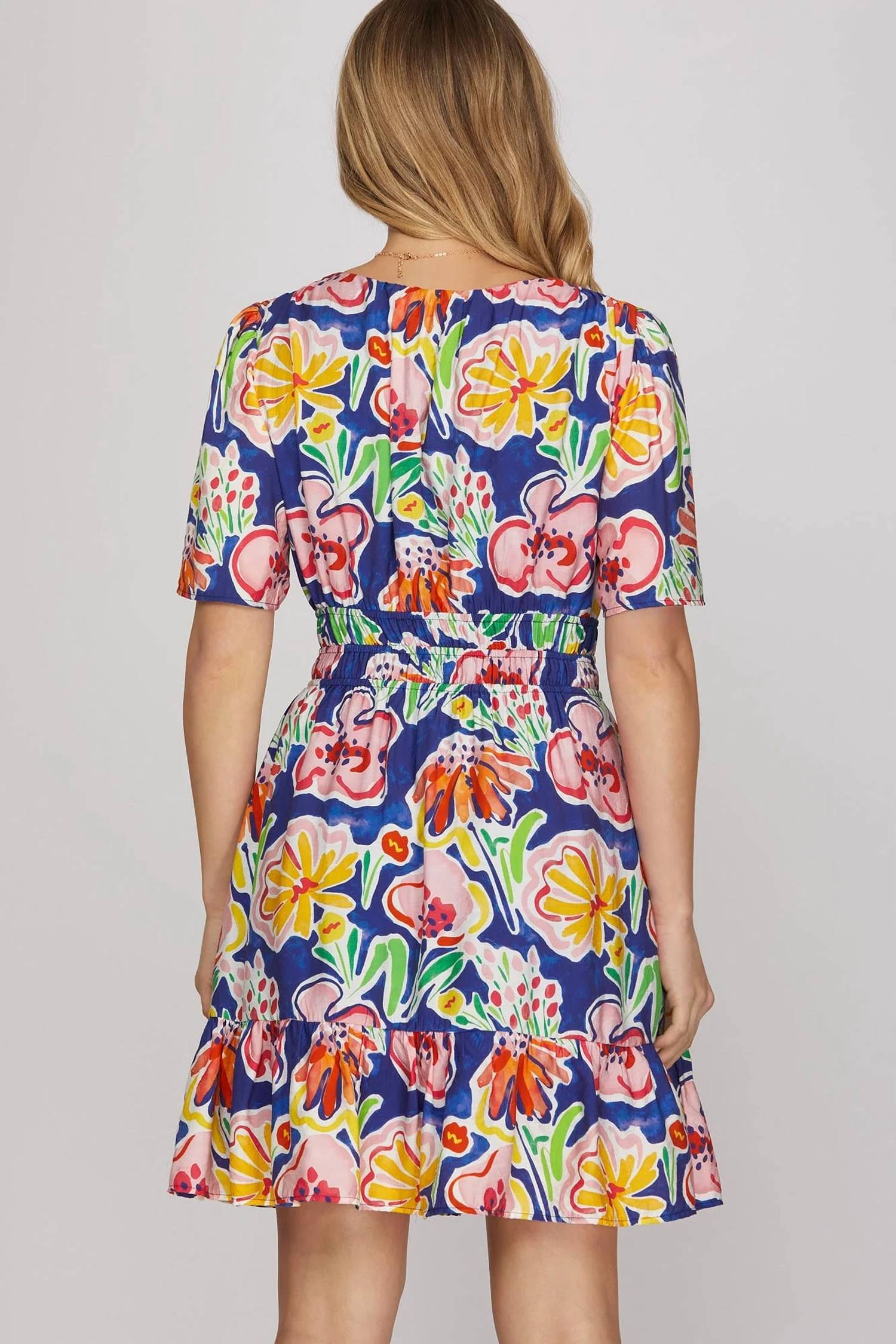She + Sky - Short Sleeve V-Neck Floral Print Dress