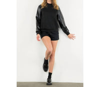 THML Mixed Media Textured Top in black - women's blouse - alternate view