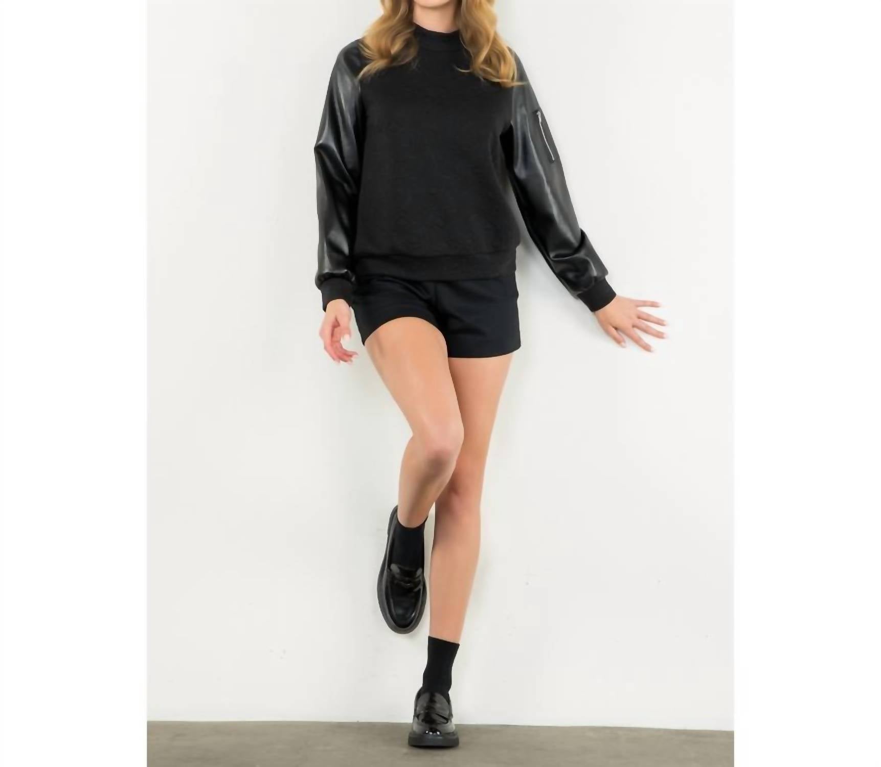 THML Mixed Media Textured Top in black - women's blouse - alternate view