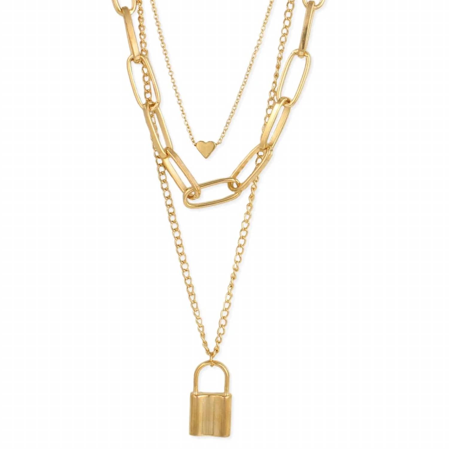 Zad - Women's Lock & Heart Layered Chain Necklace