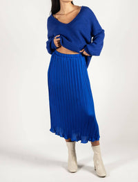 Before You - Cobalt Pleated Satin Midi Skirt