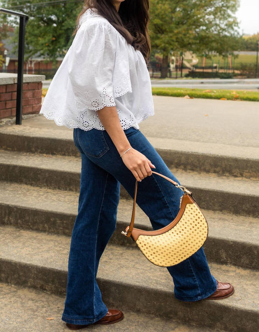 Jen & Co. - Women's Daisy Crescent Rattan Crossbody With Vegan Leather Contrast