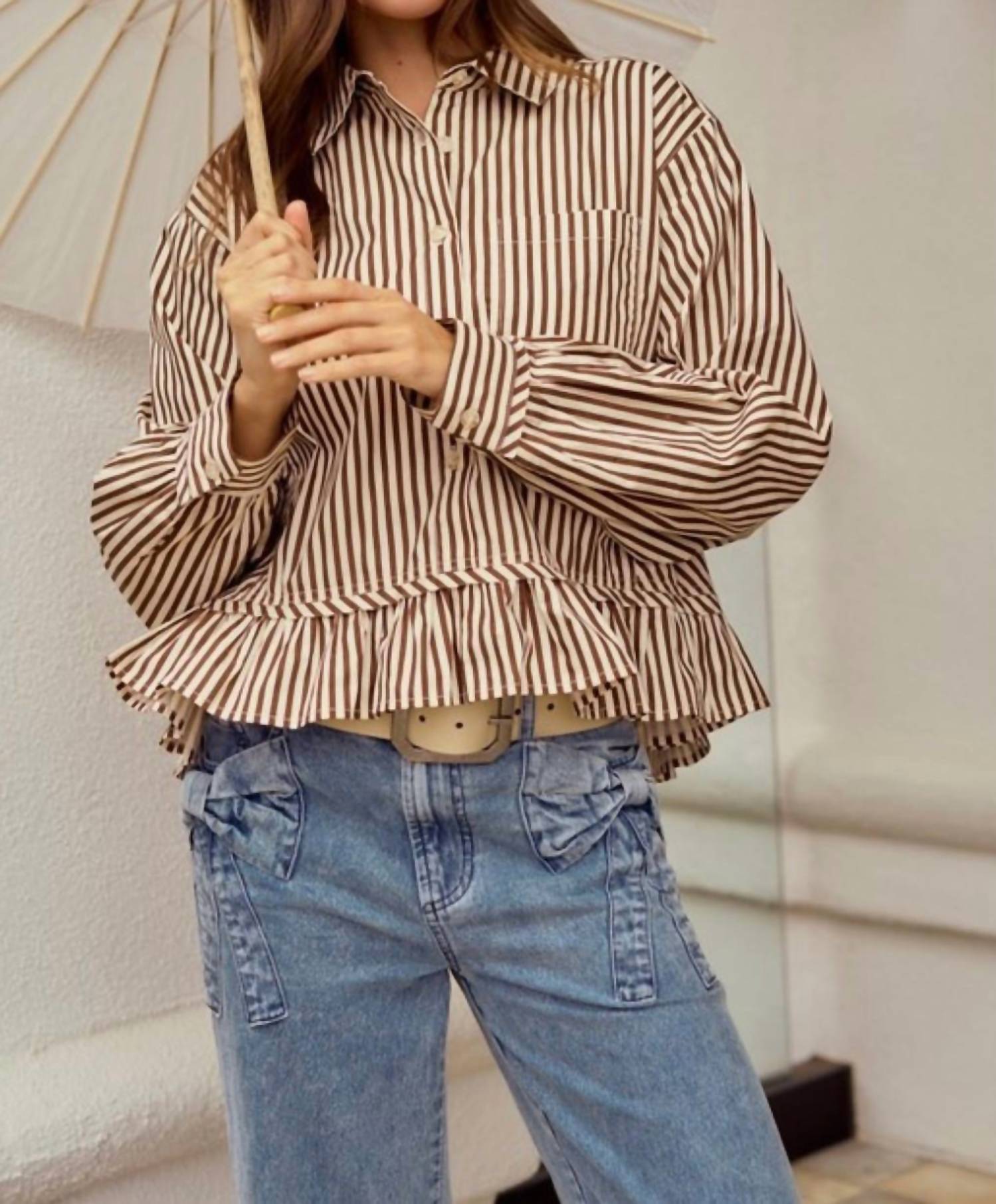 LovLov Striped Raglan Puff Sleeve Shirt in cream burgundy - women's shirt - alternate view