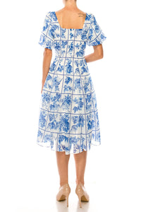 Maison Tara - Square Floral Short Puff Sleeve A-line Midi Dress