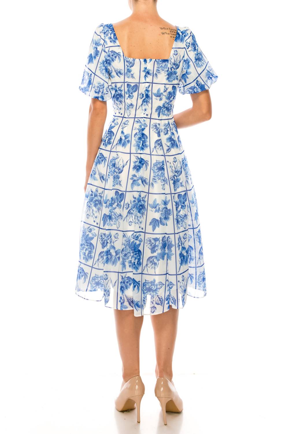 Maison Tara - Square Floral Short Puff Sleeve A-line Midi Dress