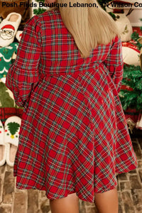 Fashionworks - Women's Christmas Plaid Half Button Long Sleeve Dress