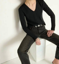Nation LTD Remi V Neck Top in jet black 1 - women's long sleeve top