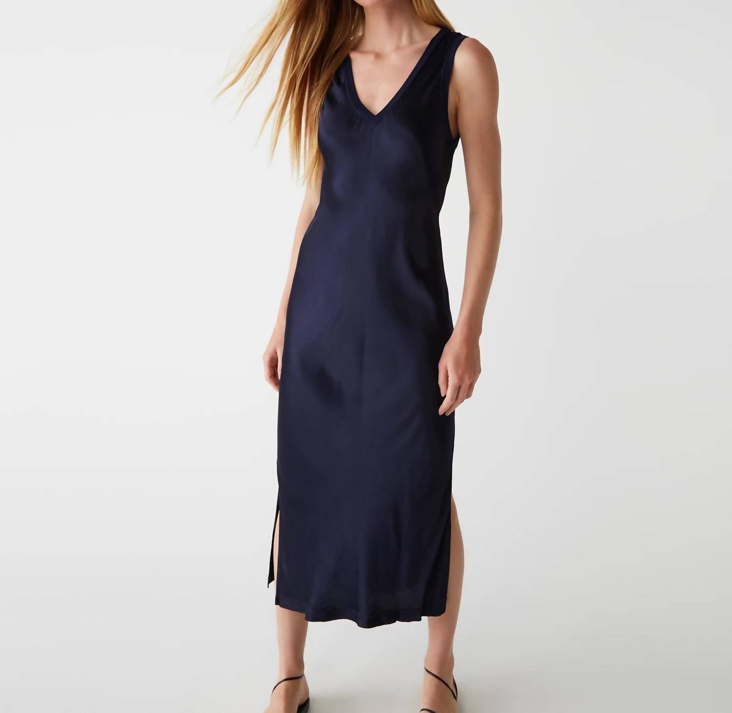 Michael Stars Randi Satin V Neck Midi Dress in nocturnal - women's dress