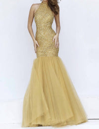 Sherri Hill Beaded Halter Mermaid Gown in gold - women's dress