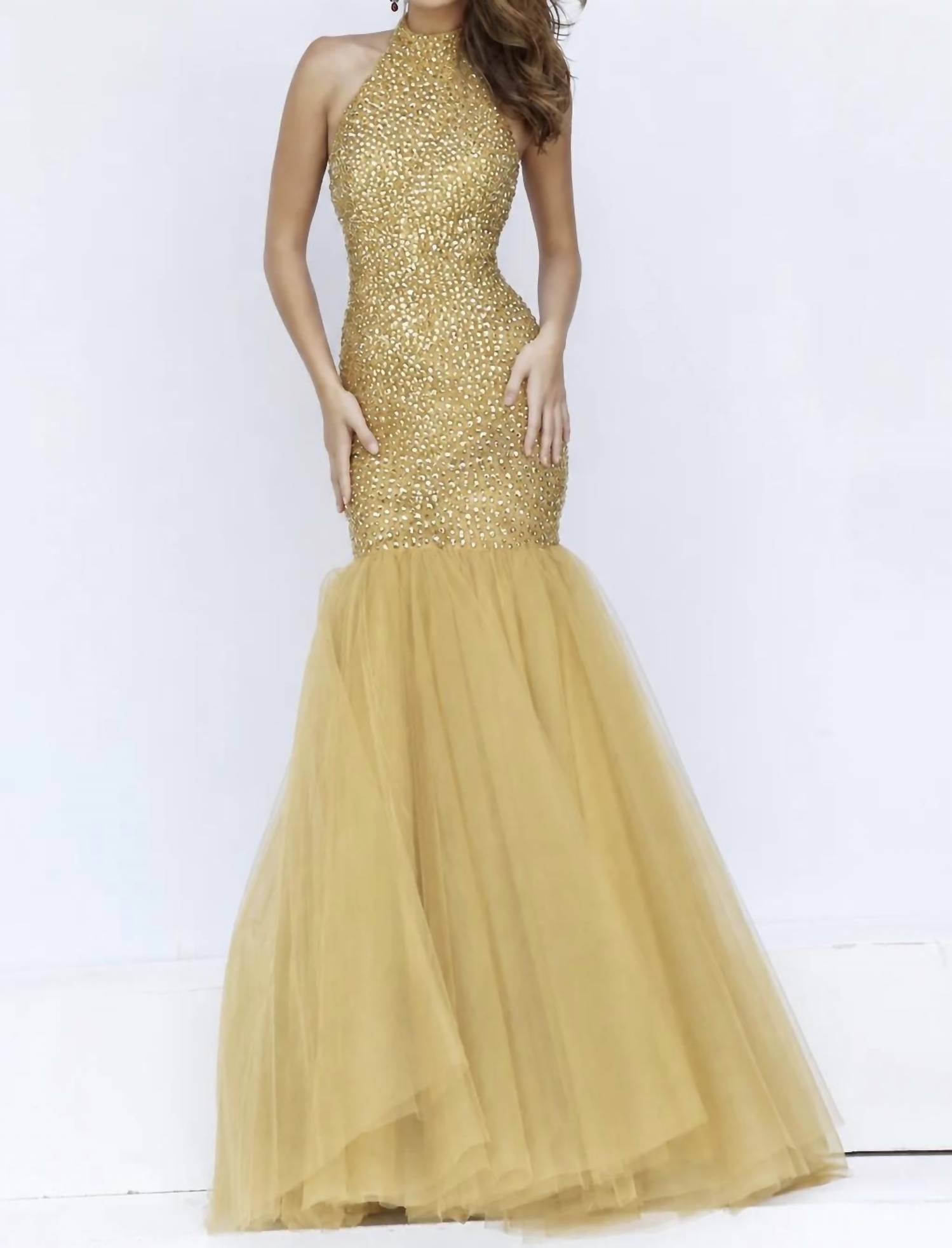 Sherri Hill Beaded Halter Mermaid Gown in gold - women's dress