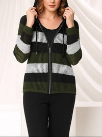 Angel Apparel Stripe Crochet Zip Up Hoodie in black army - women's top