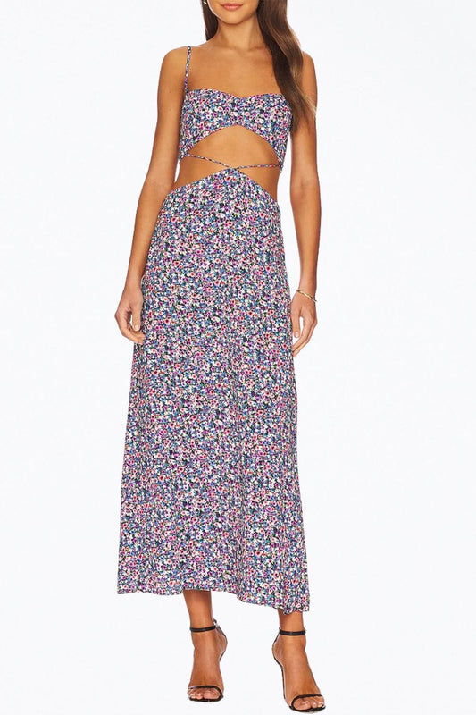 HANNA FLORAL-PRINT CUTOUT CREPE MIDI DRESS