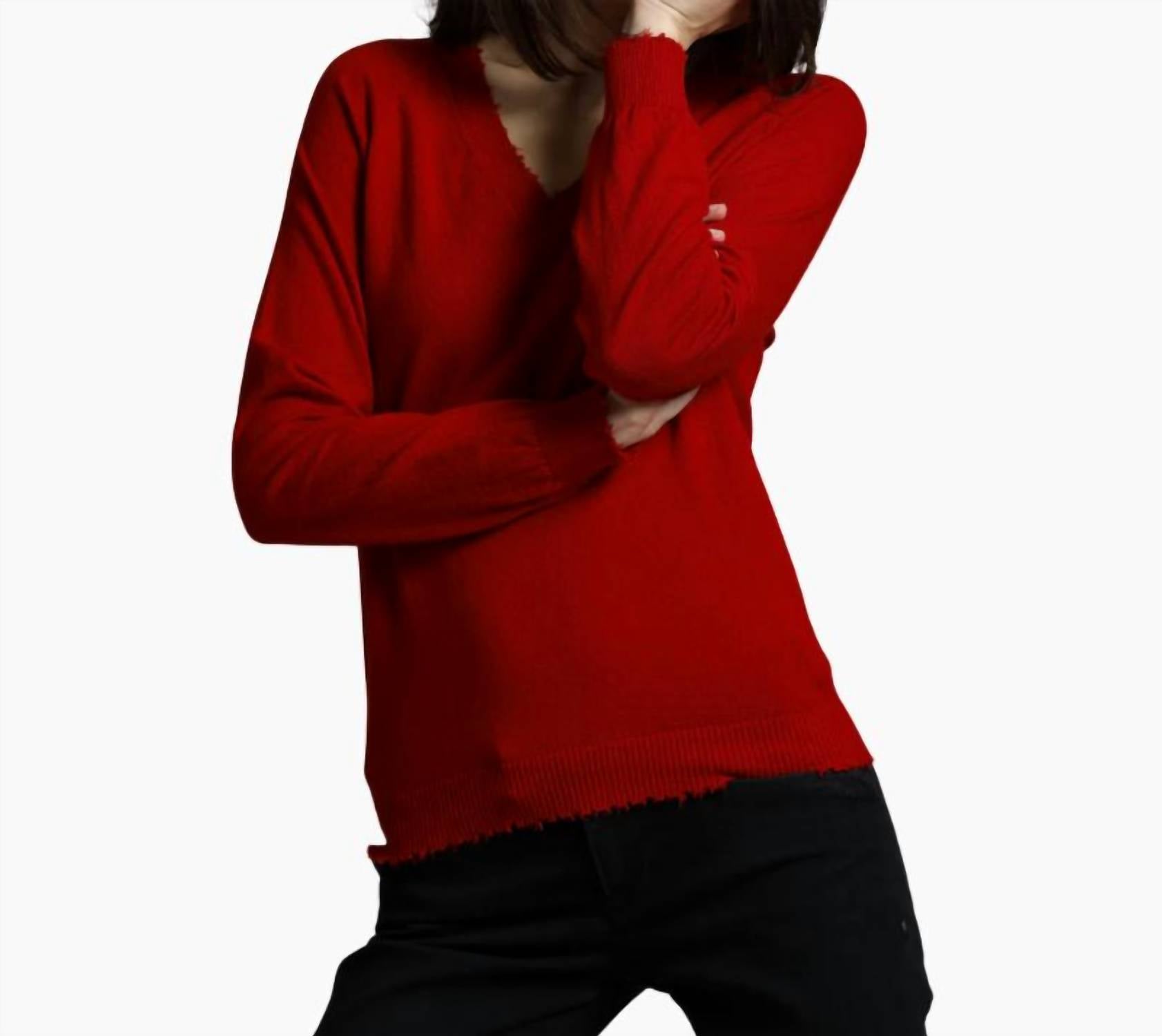 Minnie Rose - Cotton Cashmere Frayed Edge V-neck Sweater