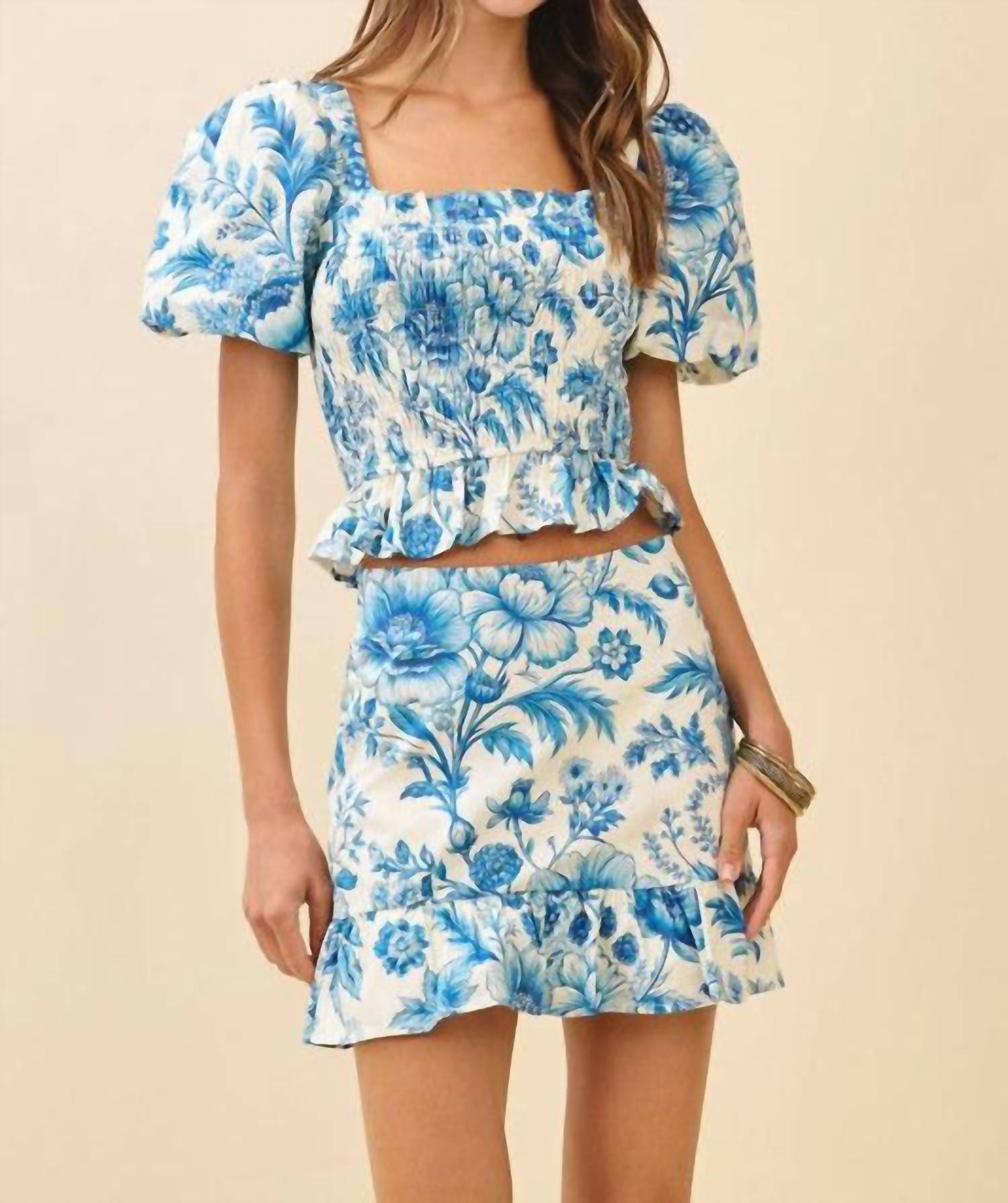 Pretty Follies Floral Print Smocked Bodice Puff Sleeves Top And Skirt Set in azul - women's skirt