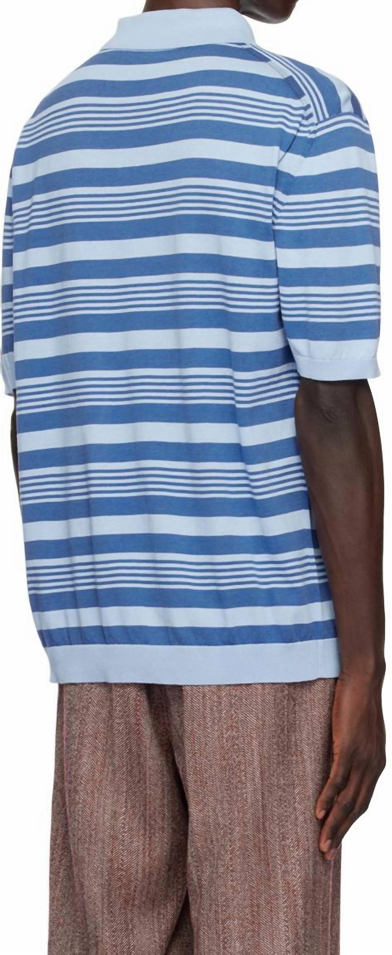 MARNI Striped Cotton Short Sleeve Knit Polo Shirt in blue - men's shirt - detail view