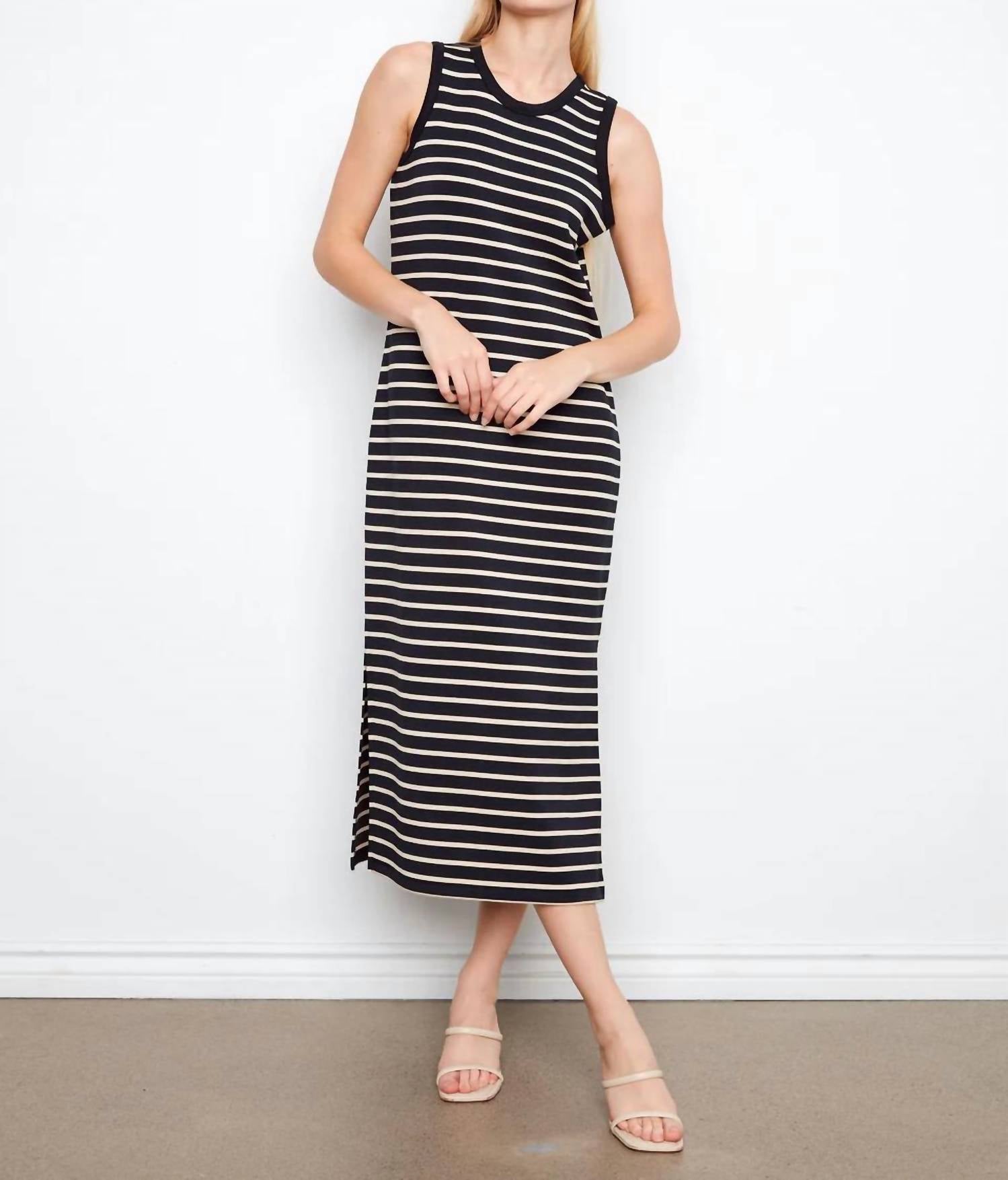 CHARLIE B Sleeveless Striped Scuba Maxi Dress in black beige - women's dress