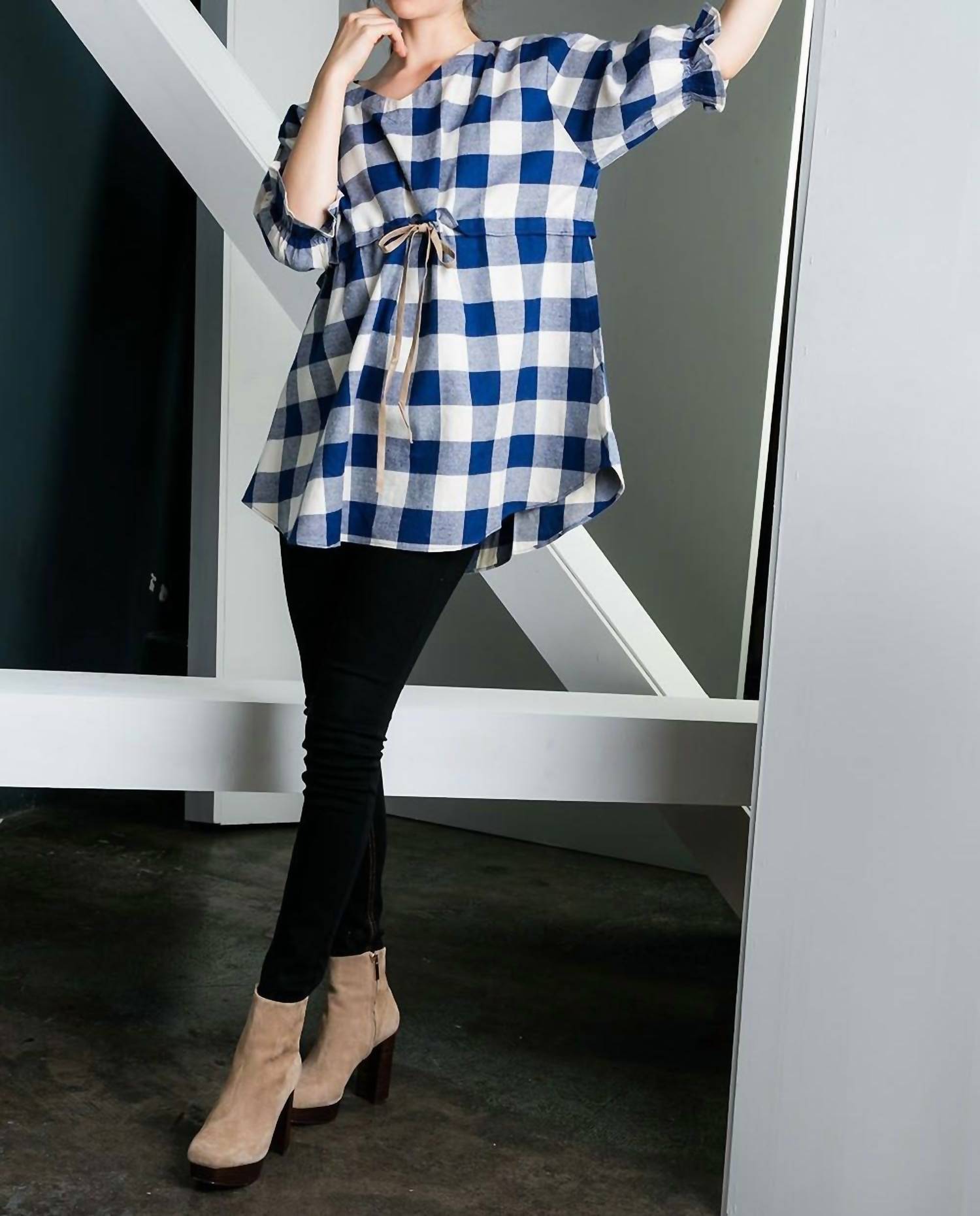 THML Checkered Past Tunic Top in blue - women's shirt