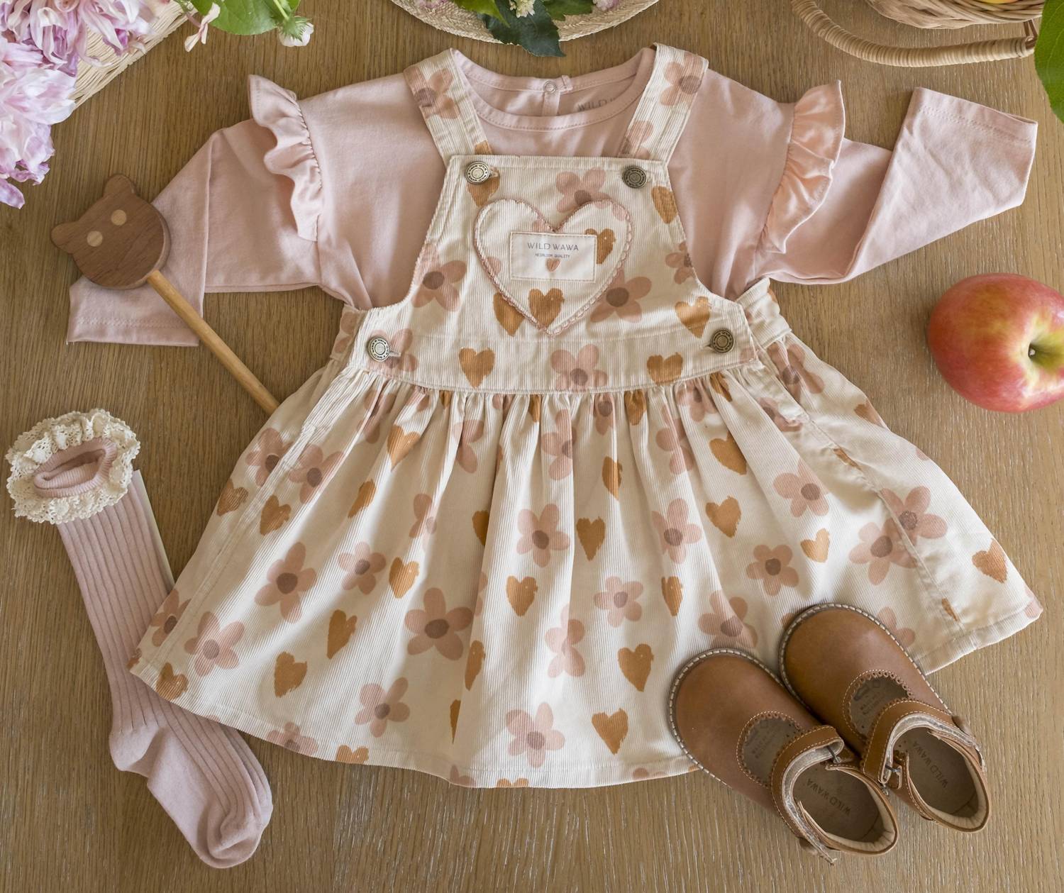 Wild Wawa Kids' Pocket Overall Dress in retro floral heart - kids' dress - alternate view
