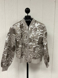 Voy - Long Puff Sleeve Floral Metallic Jacquard Bomber Jacket