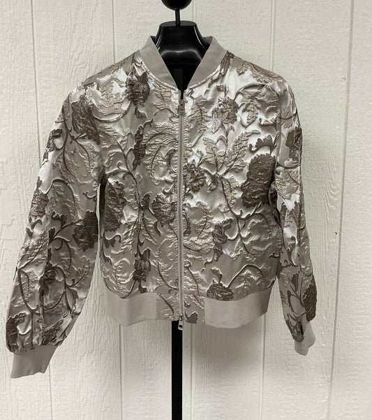 Voy - Long Puff Sleeve Floral Metallic Jacquard Bomber Jacket