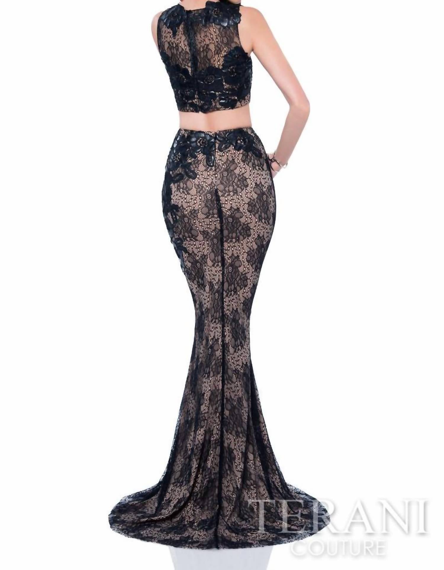 Terani Couture - Two Piece Lace Leather Applique Prom Dress