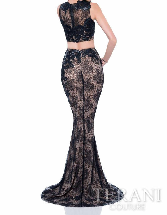 Terani Couture - Two Piece Lace Leather Applique Prom Dress