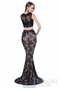 Terani Couture - Two Piece Lace Leather Applique Prom Dress