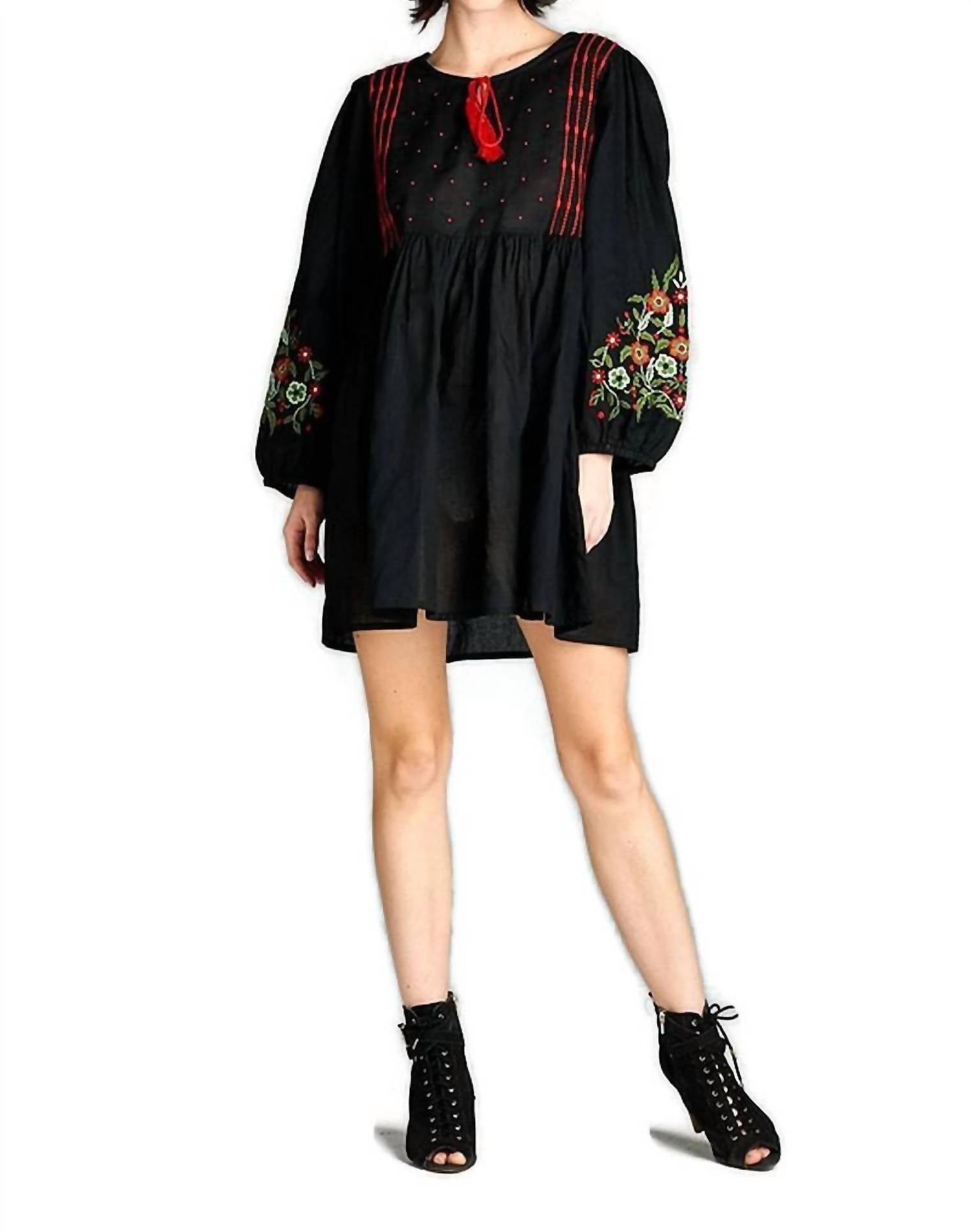 Velzera - Floral Embroidered Peasant Mini Dress - Plus