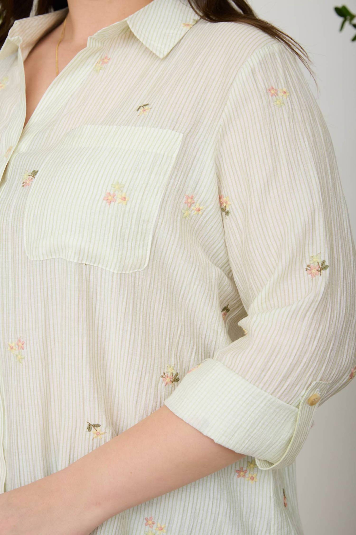 Blu Pepper - Stripe Floral Embroidery Long Sleeve Top - Plus