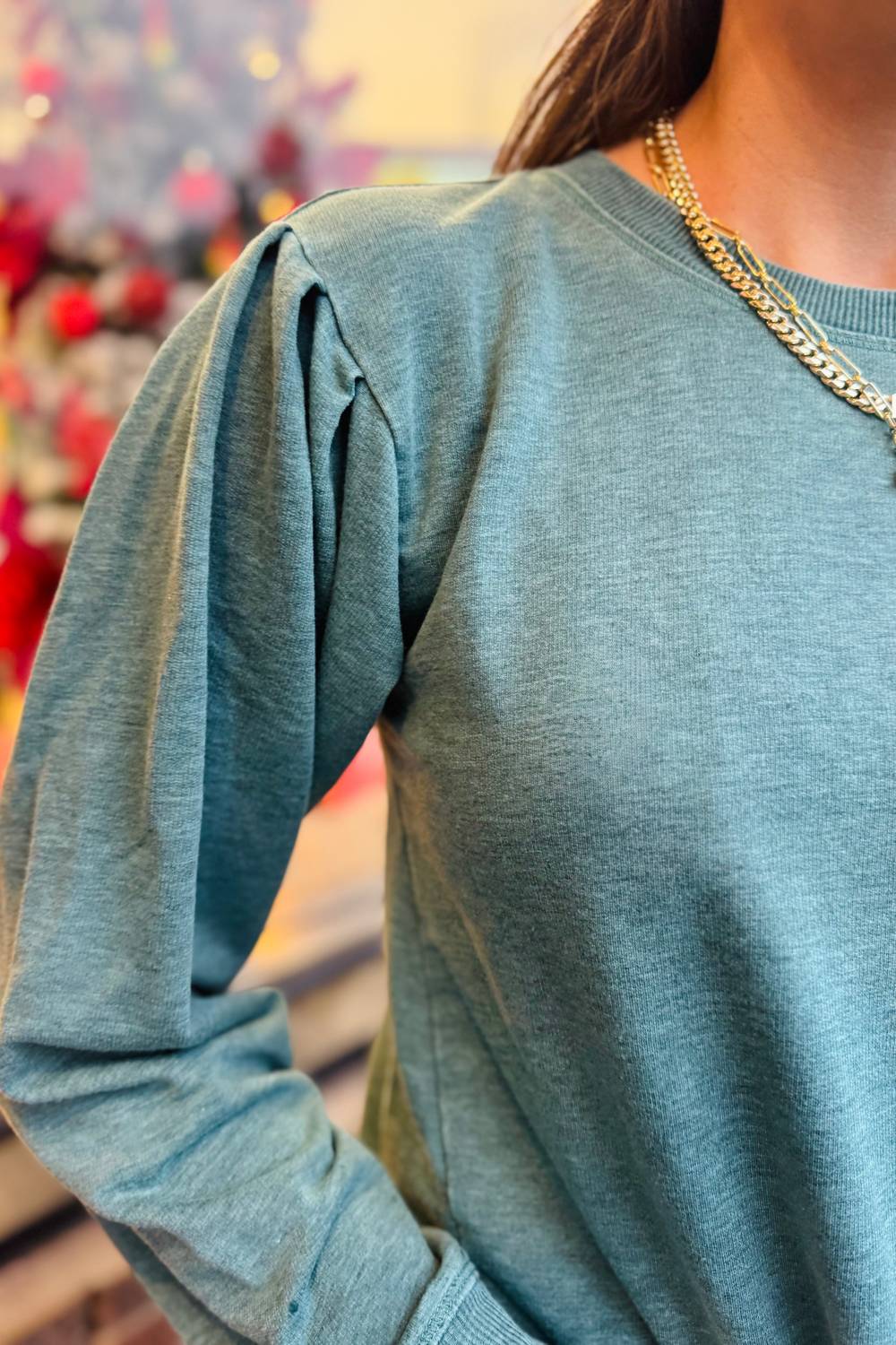 Mododoc - Long Sleeve Pleated Sleeve Sweatshirt - Plus