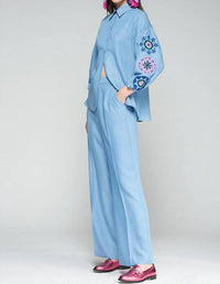 Vilagallo - Floral Embroidery Puffed Sleeve Lyocell Shirt
