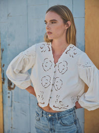Aaron & Amber - Denim Embroidey Volume Sleeve Blouse Top