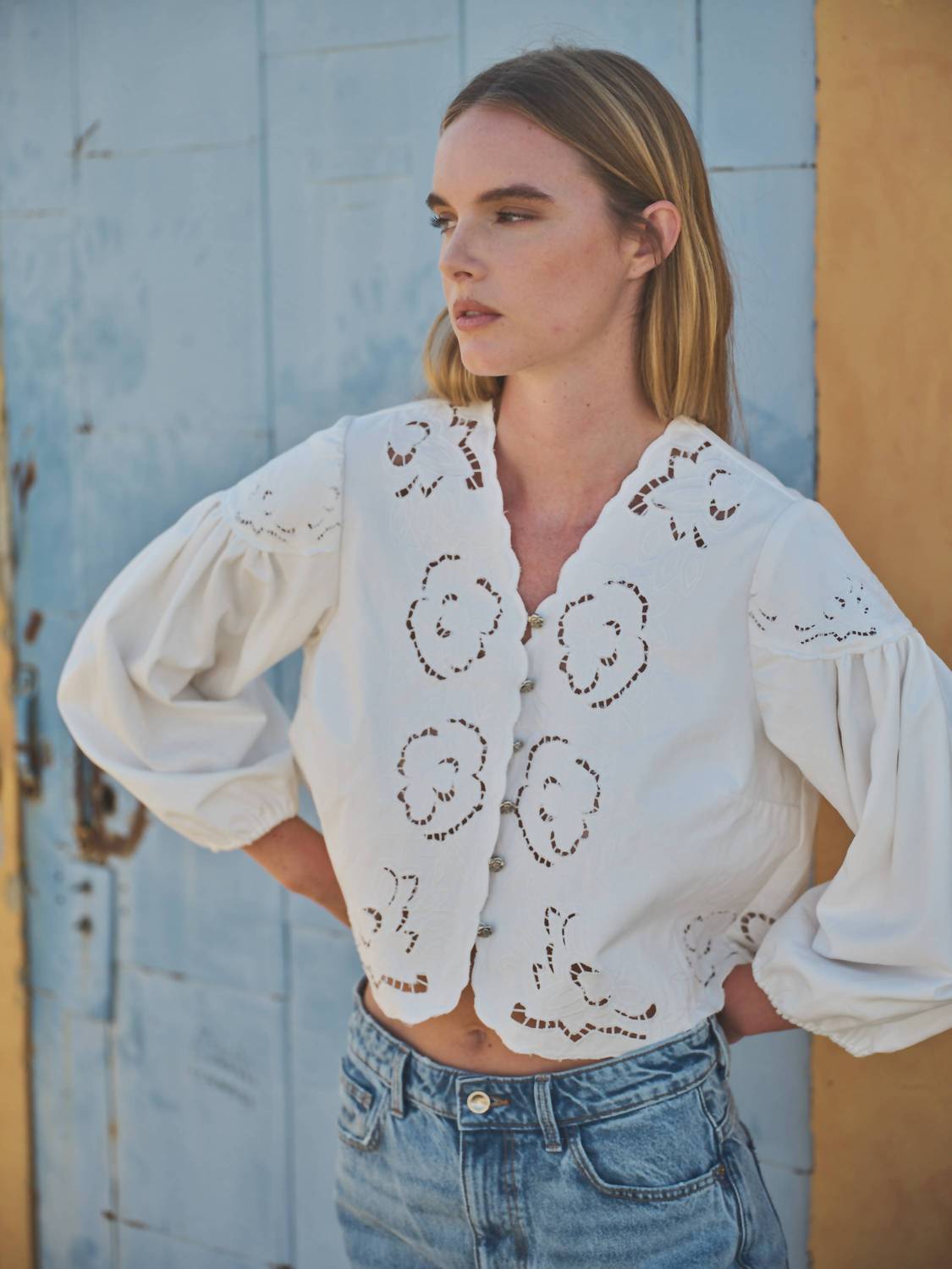 Aaron & Amber - Denim Embroidey Volume Sleeve Blouse Top