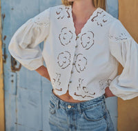 Aaron & Amber - Denim Embroidey Volume Sleeve Blouse Top