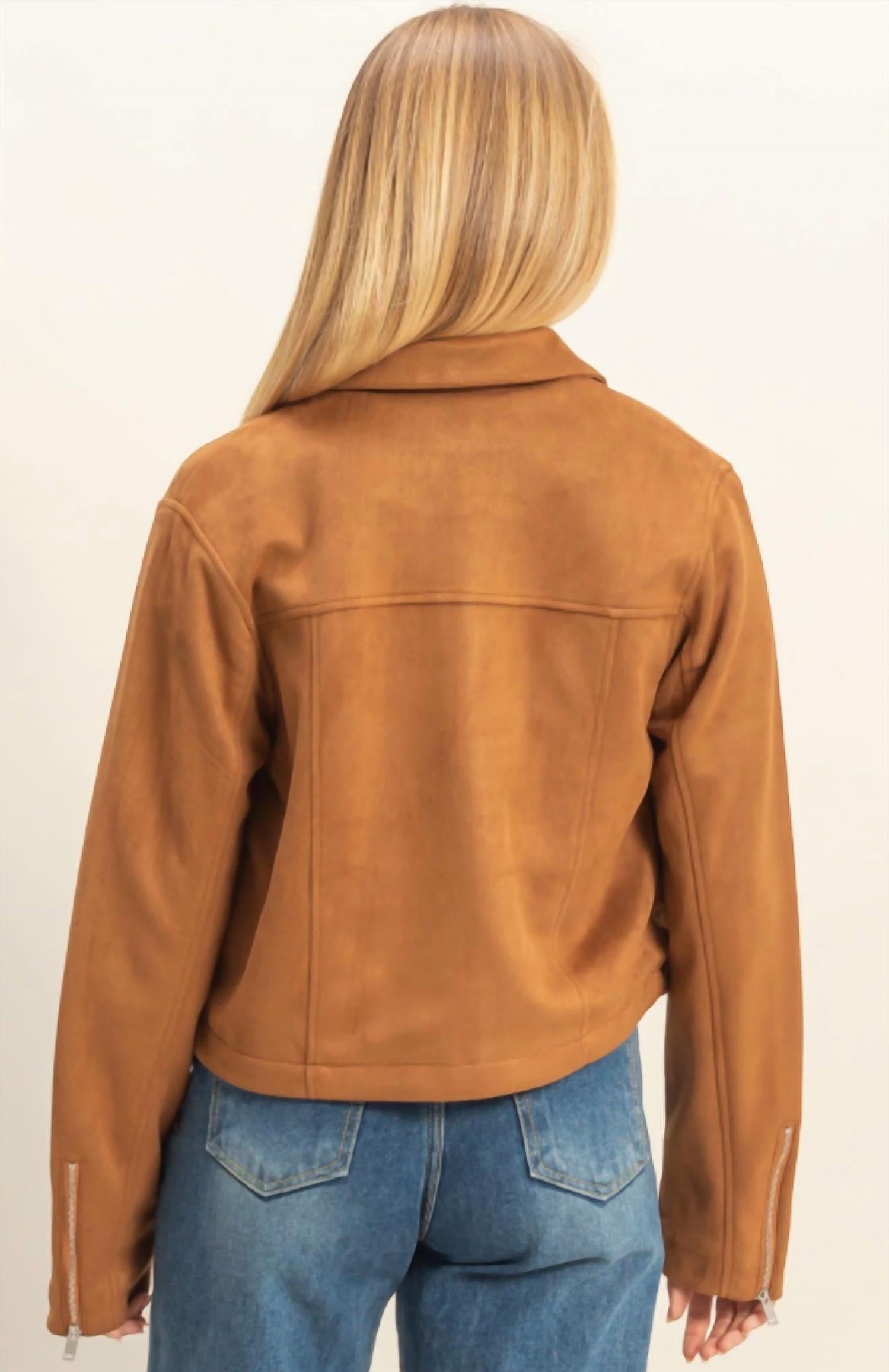 HYFVE Mandy Suede Zip Bomber Jacket in camel - women's jacket - alternate view