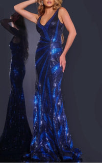 JOVANI V-Neck Gown with Front Drape Detail in blue - women's dress