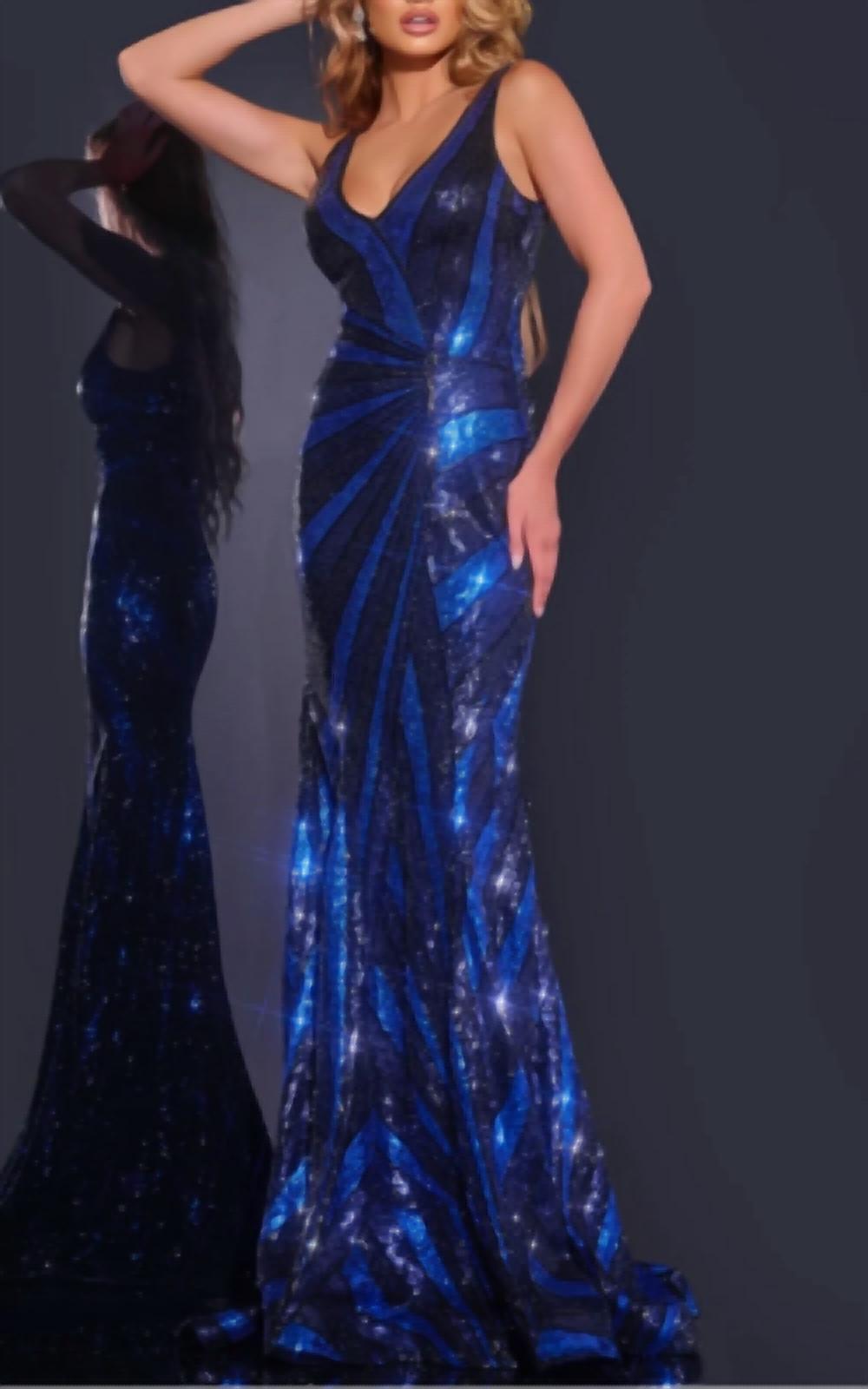 JOVANI V-Neck Gown with Front Drape Detail in blue - women's dress