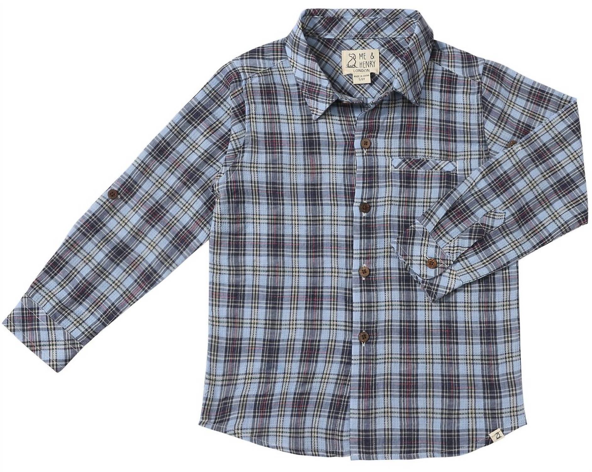 ME & HENRY Kid's Atwood Woven Shirt in navy sky multi plaid - kids' shirt - detail view