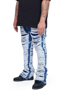 VALABASAS Men's Ravaged Stacked Flare Jean in indigo - men's jeans - detail view