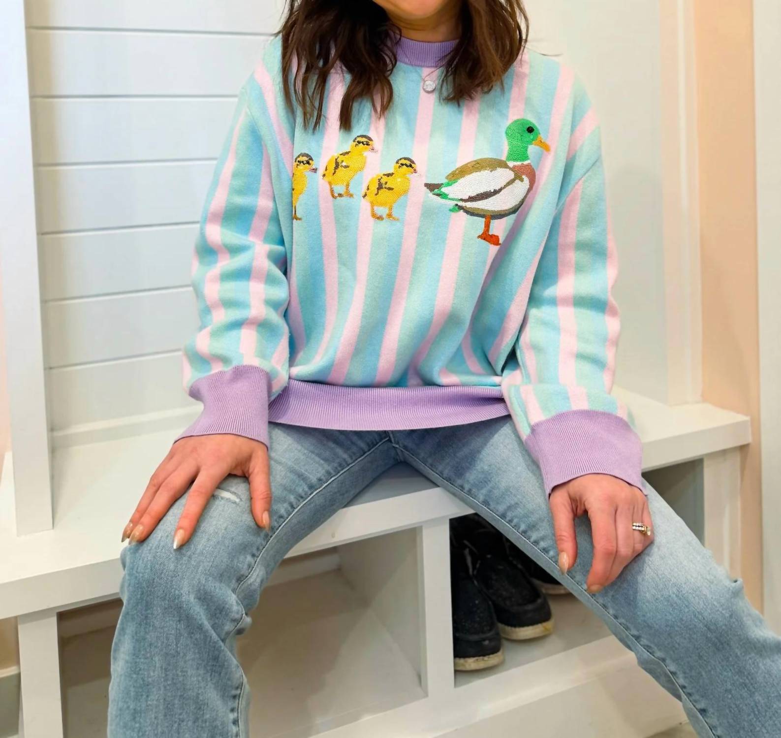 Queen Of Sparkles - Pastel Striped Duck & Chicks Sweater