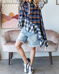 Oli & Hali Plaid Mixed Asymetrical Top in blue multi - women's long sleeve top