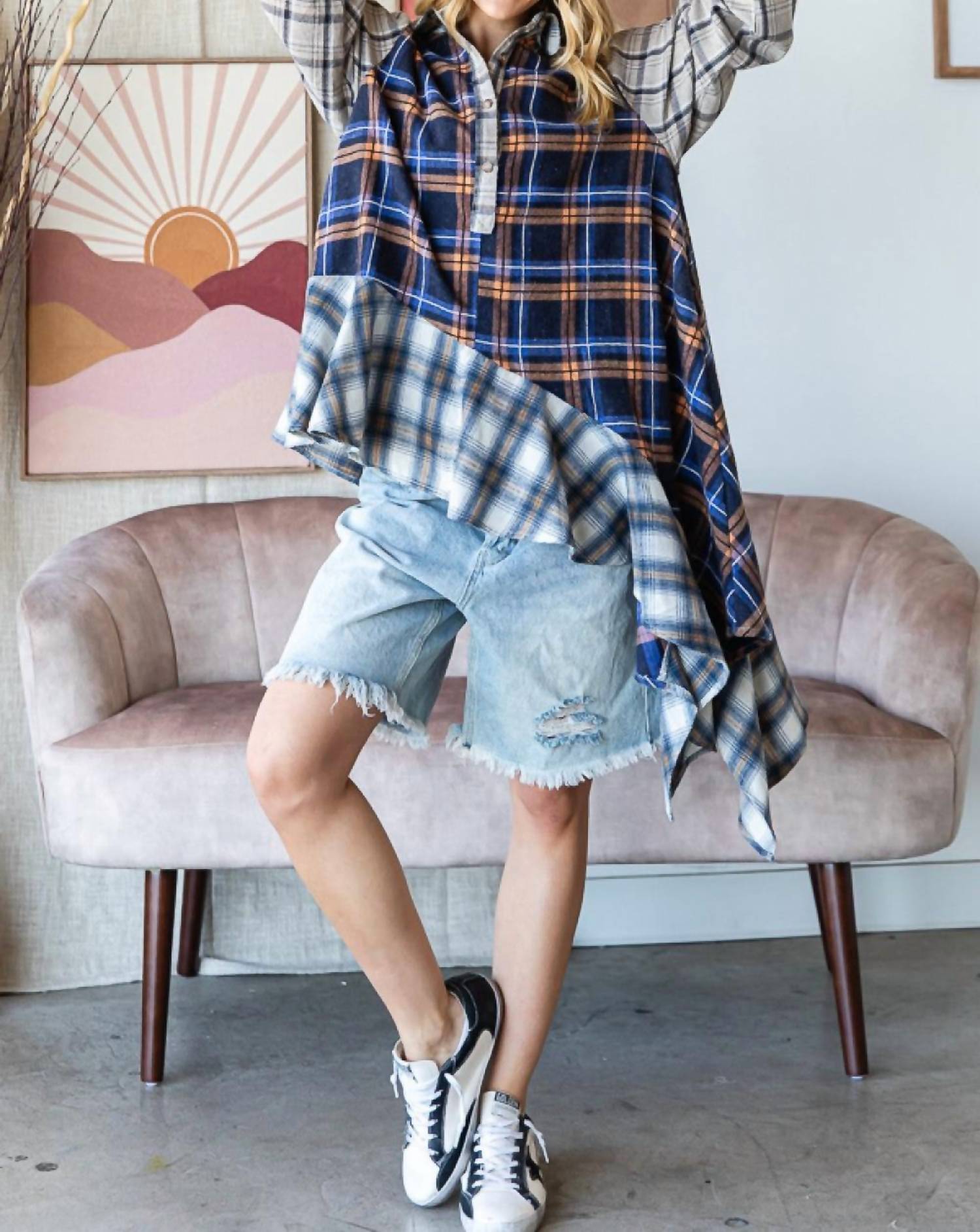 Oli & Hali Plaid Mixed Asymetrical Top in blue multi - women's long sleeve top