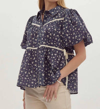 Entro - Floral Bubble Sleeve Bow Top