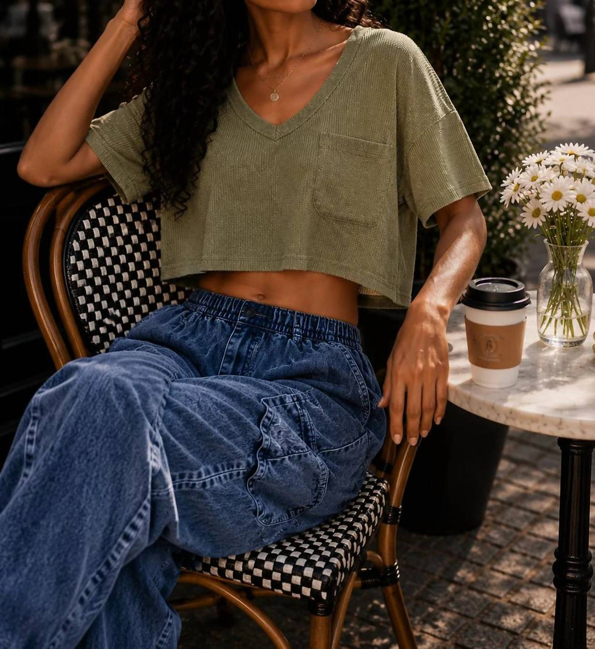 Surelymine - Harper Waffle Knit V-Neck Pocket Top