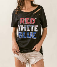 Bibi - Slub Lazer Cut Red White Blue Lettering Tee