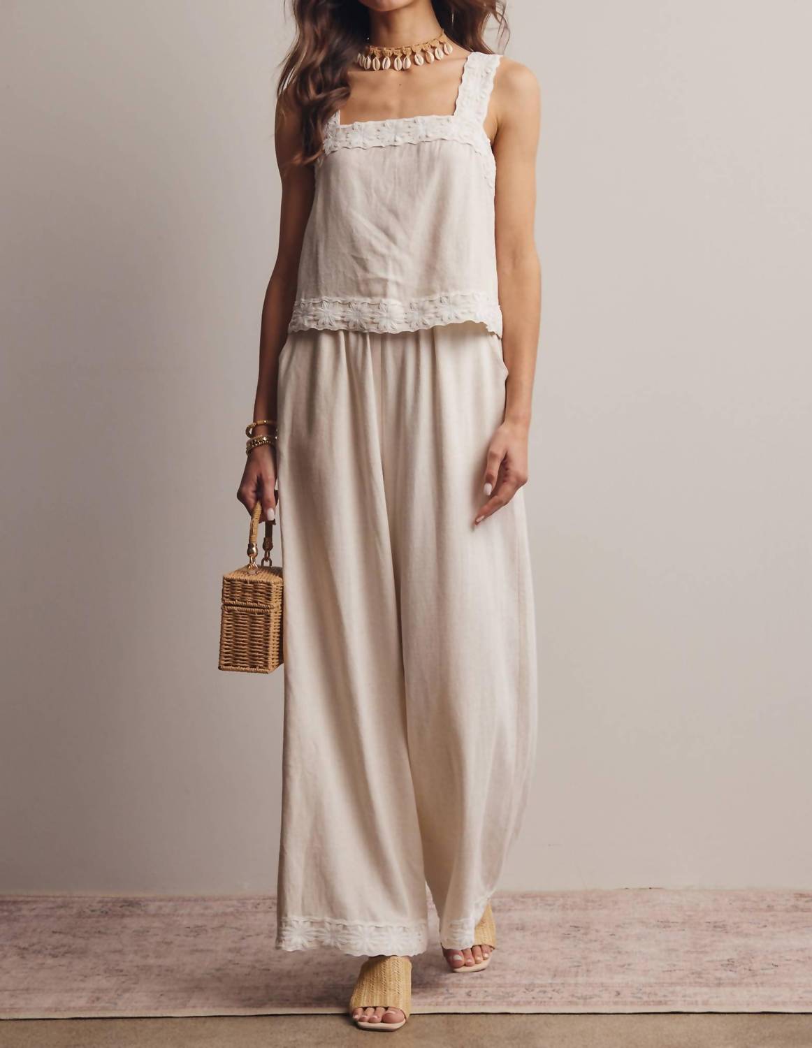 Forte - Embroidered Square Neck Tank And Wide Leg Pants Set