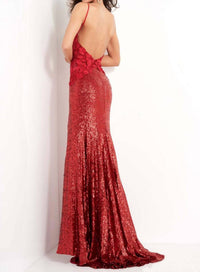 Jovani - Floral Appliques High Slit Prom Dress