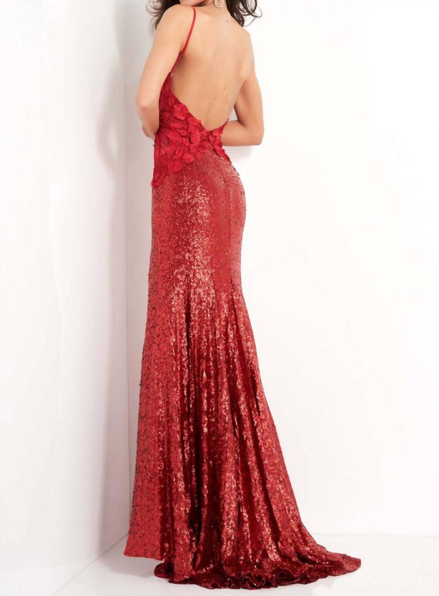 Jovani - Floral Appliques High Slit Prom Dress