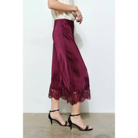 INA Fashion Silky Lace Hemmed Midi Skirt in wine - women's skirt - detail view